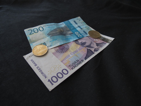 Norwegian Krone banknotes and coins (NOK), currency of Norwayの写真素材