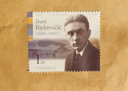 ZAGREB, CROATIA - CIRCA DECEMBER 2017: a stamp printed by Croatia showing pioneer pilot Ivan Bjelovicic (1889-1949)のeditorial素材