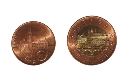 Czech Koruna coins (CZK), currency of Czech Republic showing Brno (10) and Prague (50) landmarks