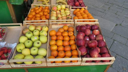 SIENA, ITALY - CIRCA APRIL 2016: fruit on display on a fruit shop counterのeditorial素材