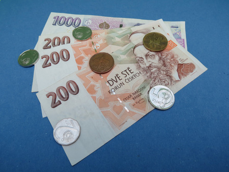 Czech Koruna banknotes and coins (CZK), currency of Czech Republicの写真素材