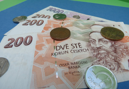 Czech Koruna banknotes and coins (CZK), currency of Czech Republicの写真素材