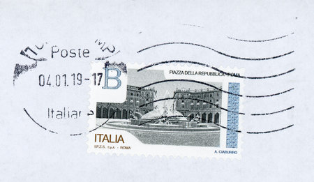 ROME, ITALY - CIRCA JANUARY 2019: a stamp printed by Italy showing Piazza della Repubblica (meaning...