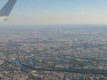 PARIS, FRANCE - CIRCA AUGUST 2018: aerial view in Paris, France, taken while landing at Charles De Gaulle international airportのeditorial素材