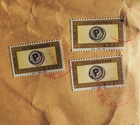 ROME, ITALY - CIRCA JANUARY 2016: Posta Prioritaria (meaning Priority Mail) stamps printed by Italyのeditorial素材