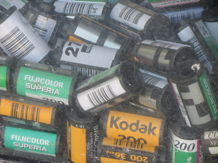 KAUNAS, LITHUANIA - CIRCA APRIL 2017:Fujifilm and Kodak films on display for saleのeditorial素材
