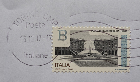 ROME, ITALY - CIRCA AUGUST 2018: a stamp printed by Italy showing Piazza della Repubblica (meaning Republic square) in Romeのeditorial素材