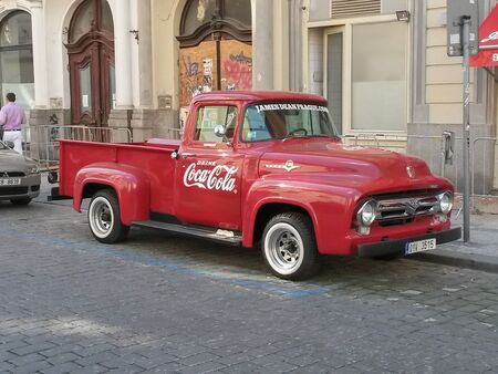 PRAGUE, CZECH REPUBLIC - CIRCA JUNE 2015: vintage Coca Cola van parked in a street of the city centreのeditorial素材