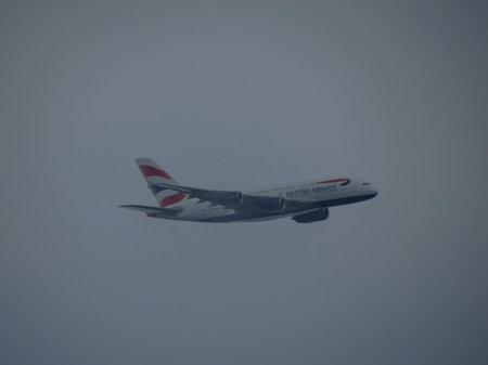 LONDON, UK - CIRCA NOVEMBER 2019: British Airways Airbus A380 flying