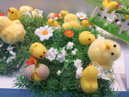 PERUGIA, ITALY - CIRCA APRIL 2019: easter decorations with chicksのeditorial素材