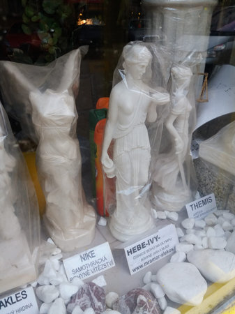 PRAGUE, CZECH REPUBLIC - CIRCA JUNE 2018: Greek godesses' marble statues on display for saleのeditorial素材