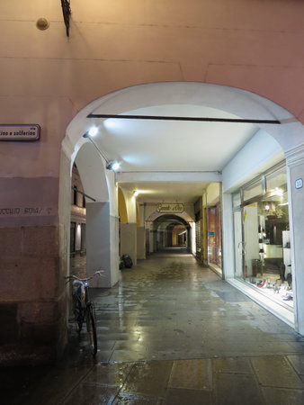 PADUA, ITALY - CIRCA NOVEMBER 2014: old arcades with shopsのeditorial素材