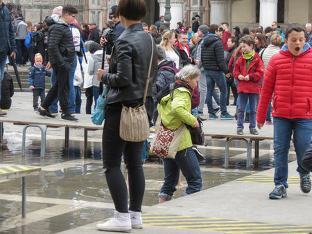 VENICE, ITALY - CIRCA MARCH 2018: high water in St Mark square (piazza San Marco)のeditorial素材