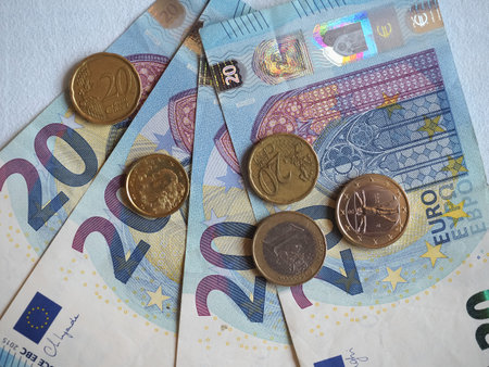 20 Euro banknotes and coins (EUR), currency of European Union