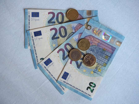 20 Euro banknotes and coins (EUR), currency of European Unionの写真素材