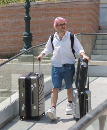 VENICE, ITALY - CIRCA JUNE 2022: Dario Mangiaracina, member of Italian pop duo La Rappresentante di Lista, arriving in Veniceのeditorial素材