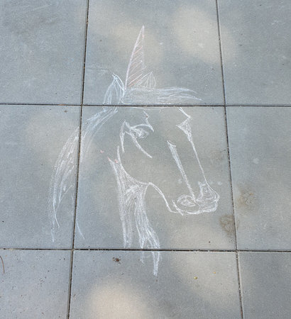 unicorn animal chalk drawing on the pavementの写真素材