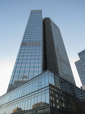 FRANKFURT AM MAIN, GERMANY - CIRCA AUGUST 2022: steel and glass skycrapers in the financial city...