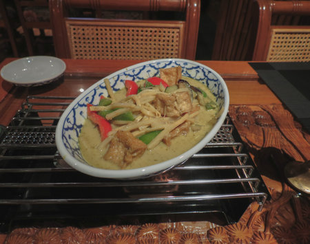 gren curry traditional Thai prepared food with tofu vegetablesの写真素材