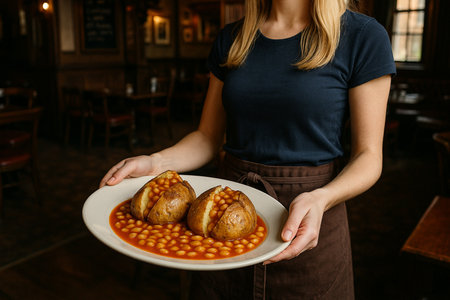 beautiful Anglo-Saxon British waitress delivering a jacket potato with beans in a British pub AI generated imageの素材