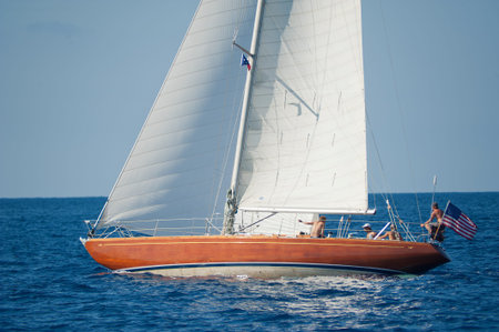 IMPERIA, ITALY - SEPT 10-14:Ancient sailing boat during a regatta at the Panerai Classic Yachts Challenge on Sept 10-14 2014 Imperia, Italy. のeditorial素材