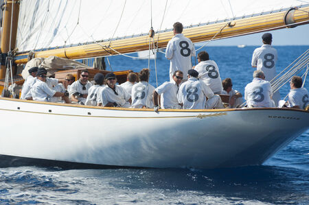 IMPERIA, ITALY - SEPT 10-14:Ancient sailing boat during a regatta at the Panerai Classic Yachts Challenge on Sept 10-14 2014 Imperia, Italy. のeditorial素材