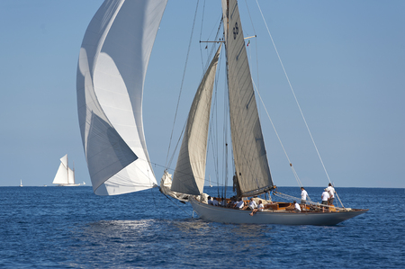 13 September 2014. Ancient sailing boat during a regatta at the Panerai Classic Yachts Challenge from 10 September 2014 to 14 September 2014, Imperia, Italy. のeditorial素材