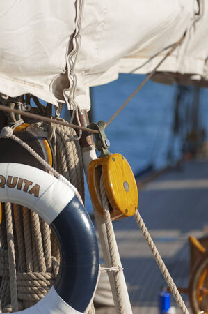 13 September 2014. Ancient sailing boat during a regatta at the Panerai Classic Yachts Challenge from 10 September 2014 to 14 September 2014, Imperia, Italy. のeditorial素材
