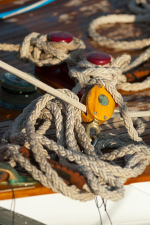 13 September 2014. Ancient sailing boat during a regatta at the Panerai Classic Yachts Challenge from 10 September 2014 to 14 September 2014, Imperia, Italy. のeditorial素材