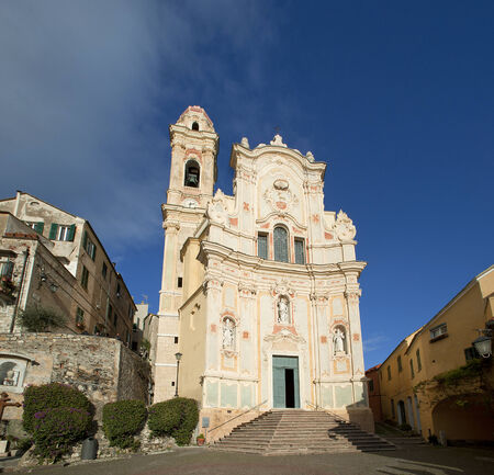 Medieval Italian Village, Cervo, Liguria, Italia with churchのeditorial素材
