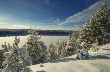 during winter in Lapland, Sweden, with snow and iceの写真素材