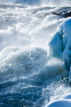 Storforsens Naturreservat, very important river rapids, Norrbotten, Sweden, during wintherの写真素材