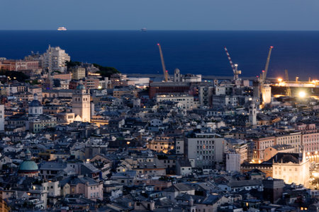 The city of Genoa, panoramic view of the center in the eveningの写真素材