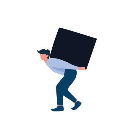 Businessman holding huge stone on shoulders. Sad man carrying heavy rock. Unhappy tired male person with boulder in hands. Duty, debt, difficult, burden, office hardship. Hard workのイラスト素材
