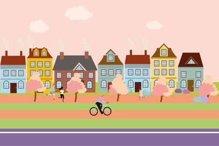 City life flat vector illustration. People walking, running, cycling and spending time in a public park on an urban cityscape background. Weekend outdoor recreation.のイラスト素材