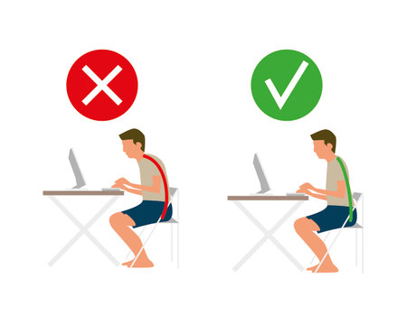 Ergonomic sit correct office chair computer good and wrong body position. Right wrong postureのイラスト素材