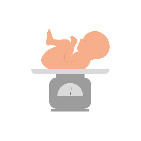 Baby on weight scale icon in flat color style. Newborn babyのイラスト素材