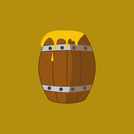 Wooden barrel honey. Icon of sweet delicacy. Cartoon illustration for children's books.