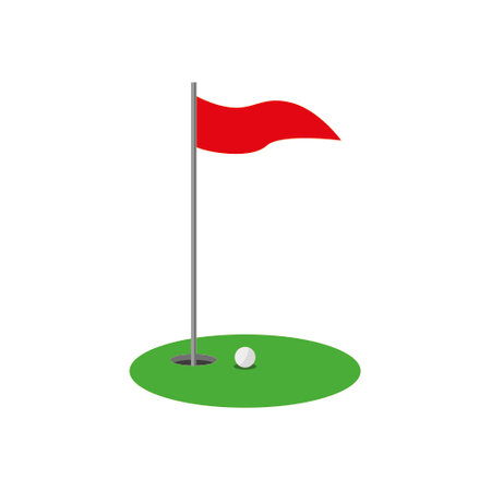 Golf ball and red flag on green grass. Vector illustration.のイラスト素材