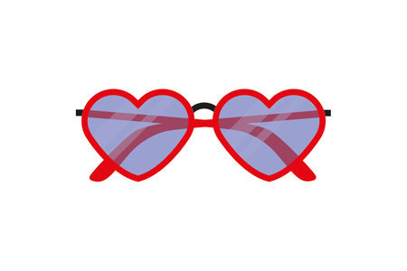 Funny red sunglasses with heart-shaped frame. Funky party glasses. Valentine design eyeglasses. Front view of quirky eyewear.のイラスト素材