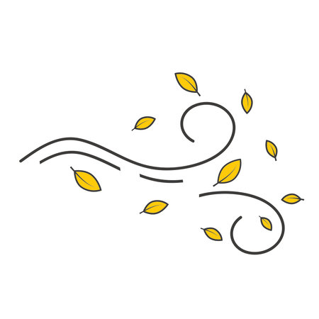 Windy weather color icon. Autumn season weather forecast, meteorology. Wind speed and strength prediction. Cool breeze with leaves isolated vector illustrationのイラスト素材