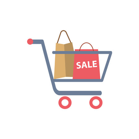 Shopping Cart with Grocery Bags, Flat Iconのイラスト素材
