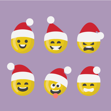A collection of emoticons for the Christmas and New Year holidays. Set the Smiley Emoji icon with a red Santa hat. Realistic emotions in glossy yellow.のイラスト素材