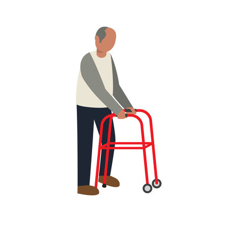 Elderly man. Old man character with paddle walker on white background. Senior man flat Vector illustration.のイラスト素材