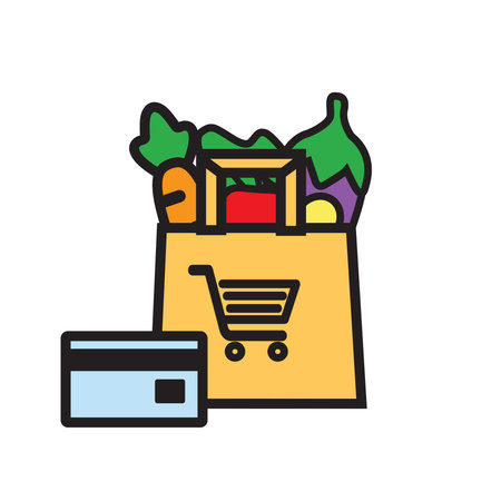 Food from supermarket. Paper bag with fresh grocery products. Online store concept. Vector illustration.のイラスト素材