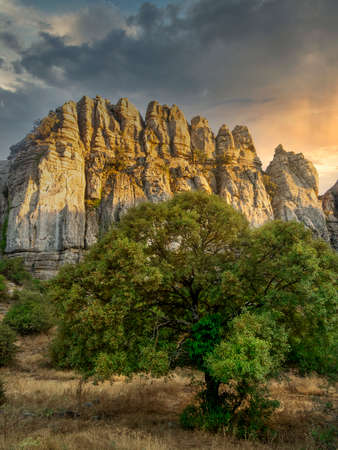Karstic formation in the natural park of El Torcal de Antequera in Andalucia, Spain. Taken at sunset, warm colors, light and shadows.の写真素材