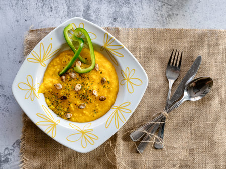 Traditional pumpkin soup with freshly baked seeds and onions served on a white stone base.