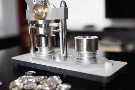 Pins press machine with empty pins and ready pins. Press button maker for 2,5 cm badge. Machine for DIY fashion button, pins and magnetの写真素材