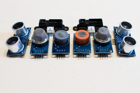 set of gas sensors and position for electronic prototyping projects with open source boards. Set of sensors for makers and educational school for STEAM. Gas, ultrasonic and infrared sensors to intercept the movement.の写真素材