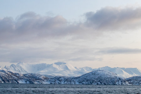 Arctic landscape in winter with snowy mountains and sea. Norwegian coasts and fjords seen from the...